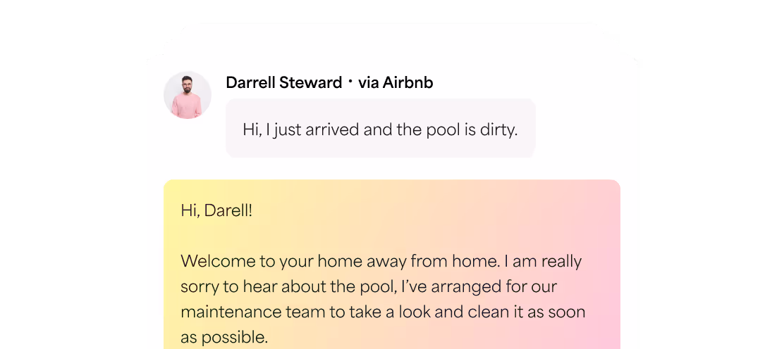A guest reports a dirty pool on Airbnb — the AI apologizes, arranges maintenance, and keeps the tone warm.